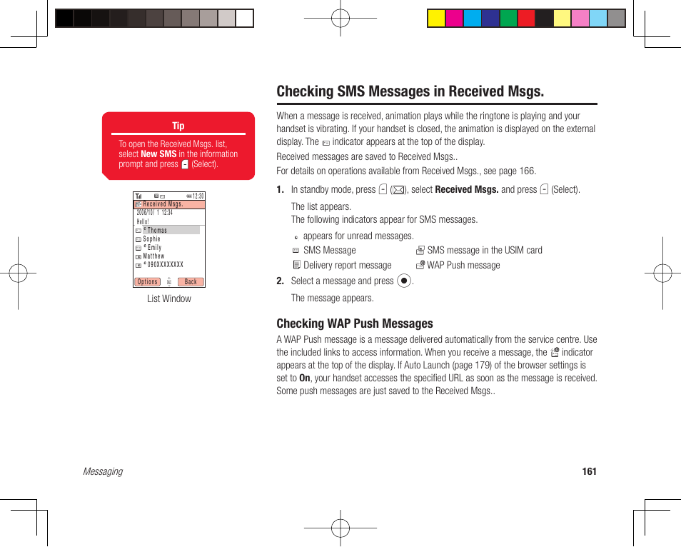 Checking sms messages in received msgs, Checking wap push messages | Toshiba 705T User Manual | Page 161 / 315