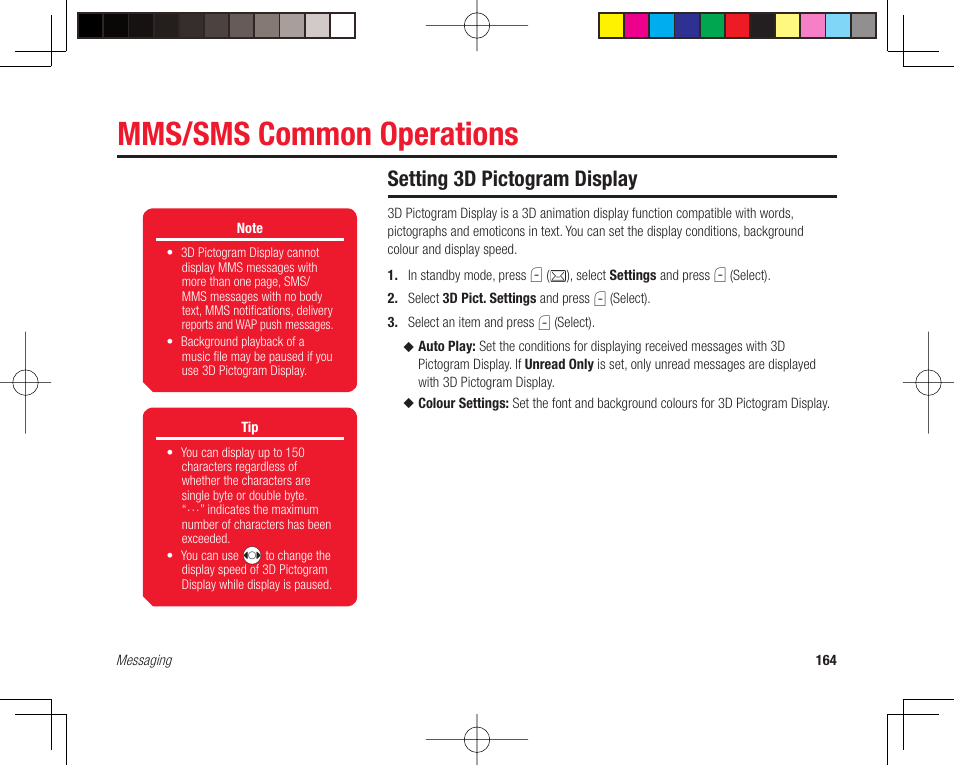 Mms/sms common operations, Setting 3d pictogram display | Toshiba 705T User Manual | Page 164 / 315