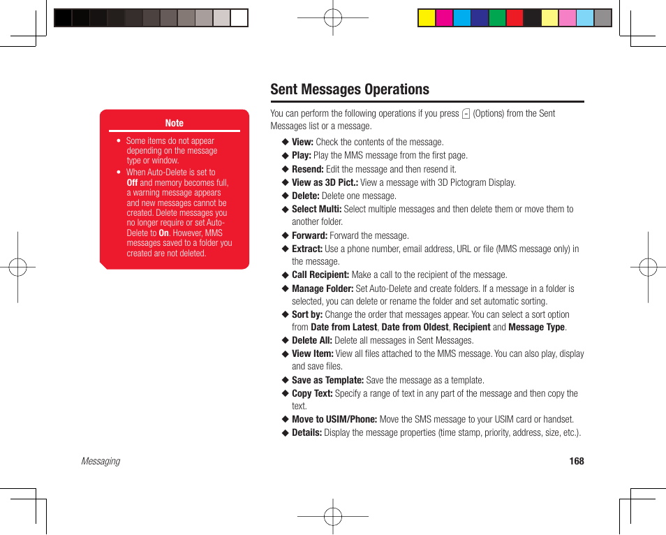 Sent messages operations | Toshiba 705T User Manual | Page 168 / 315