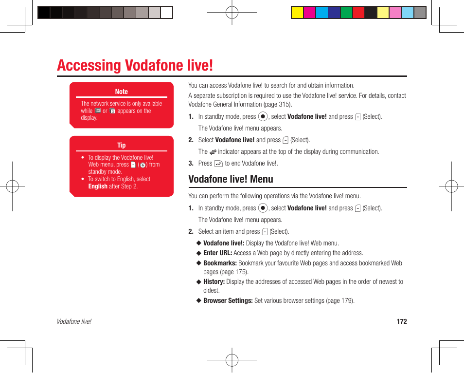Accessing vodafone live, Vodafone live! menu | Toshiba 705T User Manual | Page 172 / 315