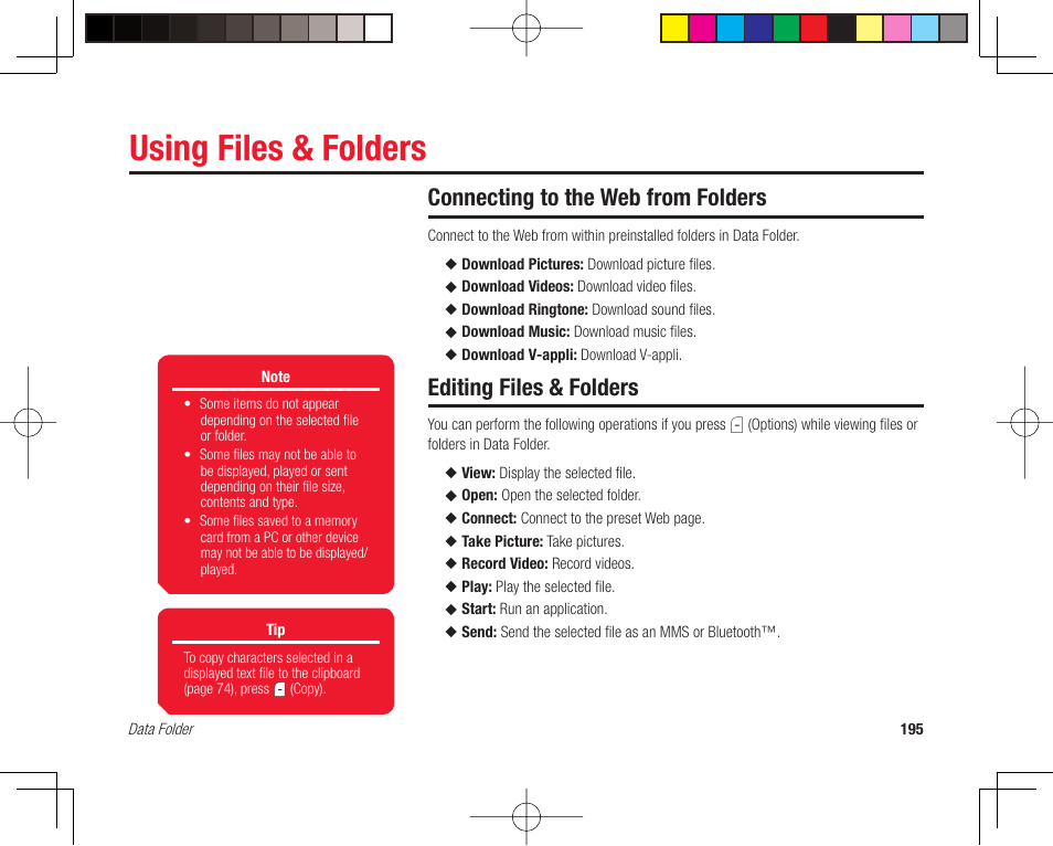 Using files & folders, Connecting to the web from folders, Editing files & folders | Toshiba 705T User Manual | Page 195 / 315