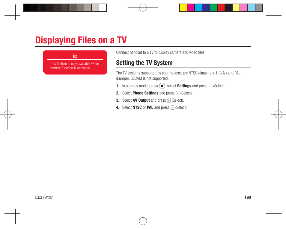 Displaying files on a tv, Setting the tv system | Toshiba 705T User Manual | Page 198 / 315