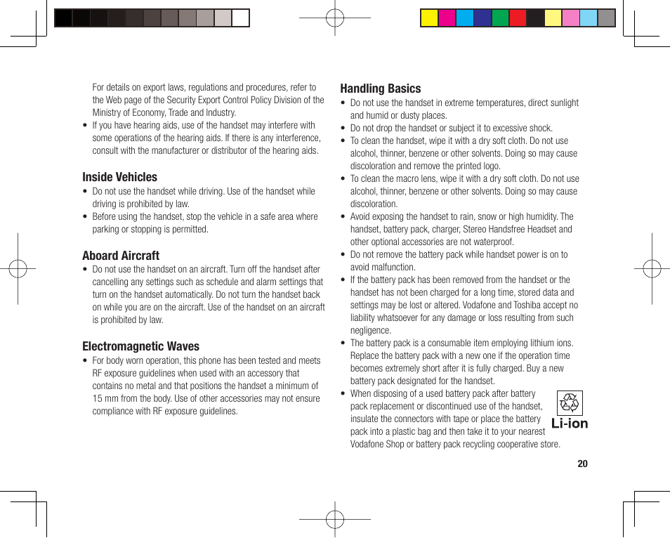 Inside vehicles, Aboard aircraft, Electromagnetic waves | Handling basics | Toshiba 705T User Manual | Page 20 / 315