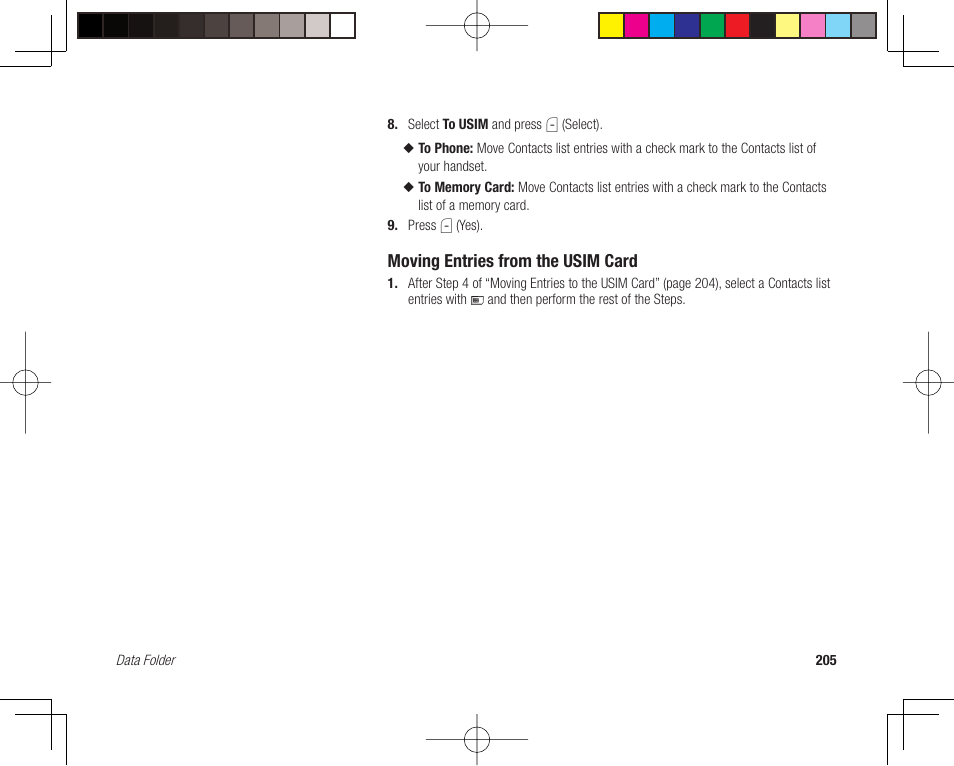 Moving entries from the usim card | Toshiba 705T User Manual | Page 205 / 315