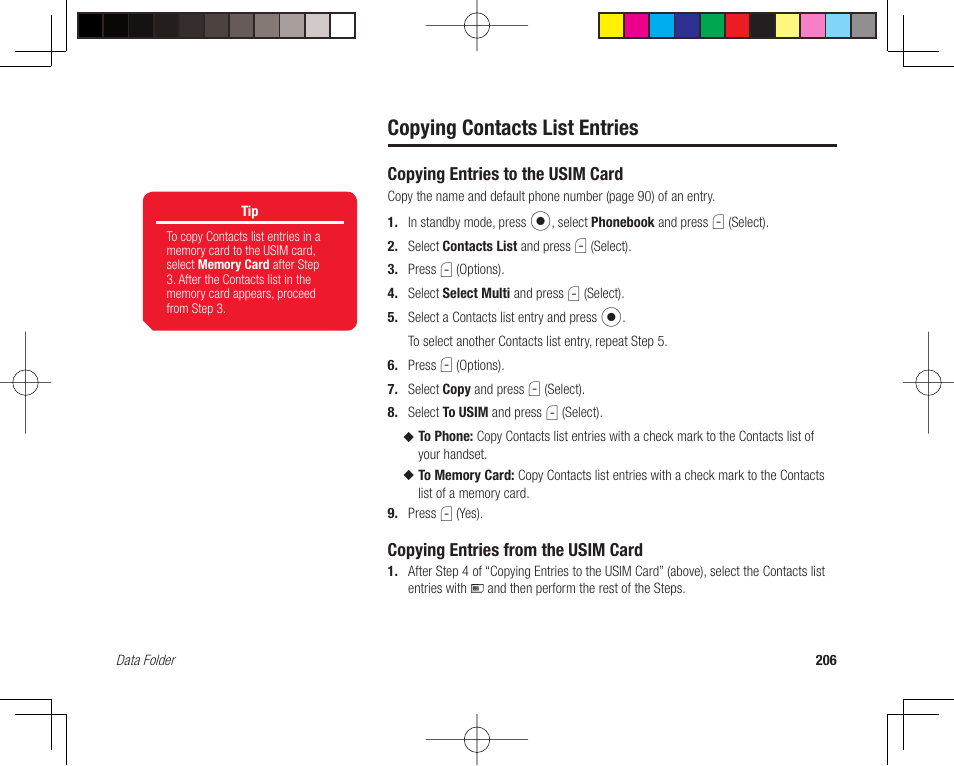 Copying contacts list entries, Copying entries to the usim card, Copying entries from the usim card | Toshiba 705T User Manual | Page 206 / 315