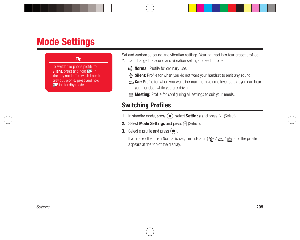 Mode settings, Switching profi les | Toshiba 705T User Manual | Page 209 / 315