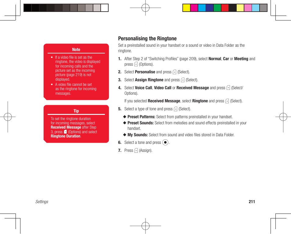 Personalising the ringtone | Toshiba 705T User Manual | Page 211 / 315