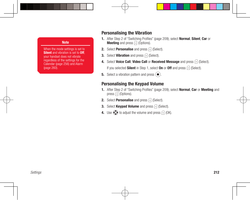 Personalising the vibration, Personalising the keypad volume | Toshiba 705T User Manual | Page 212 / 315