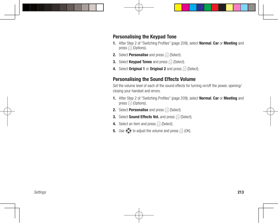 Personalising the keypad tone, Personalising the sound effects volume | Toshiba 705T User Manual | Page 213 / 315