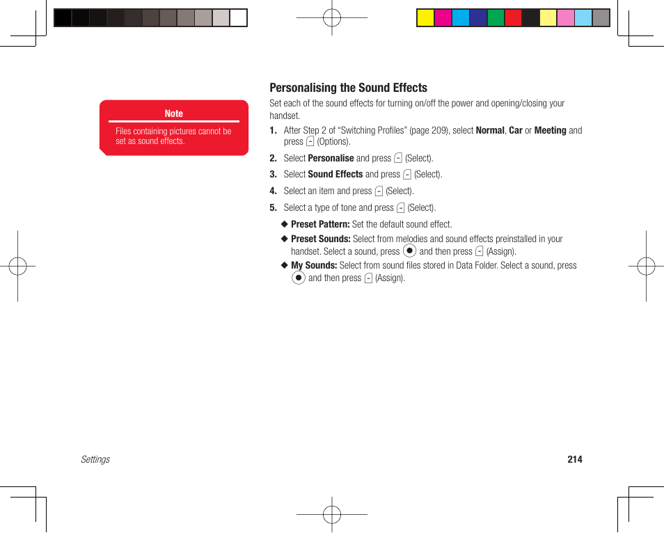 Personalising the sound effects | Toshiba 705T User Manual | Page 214 / 315