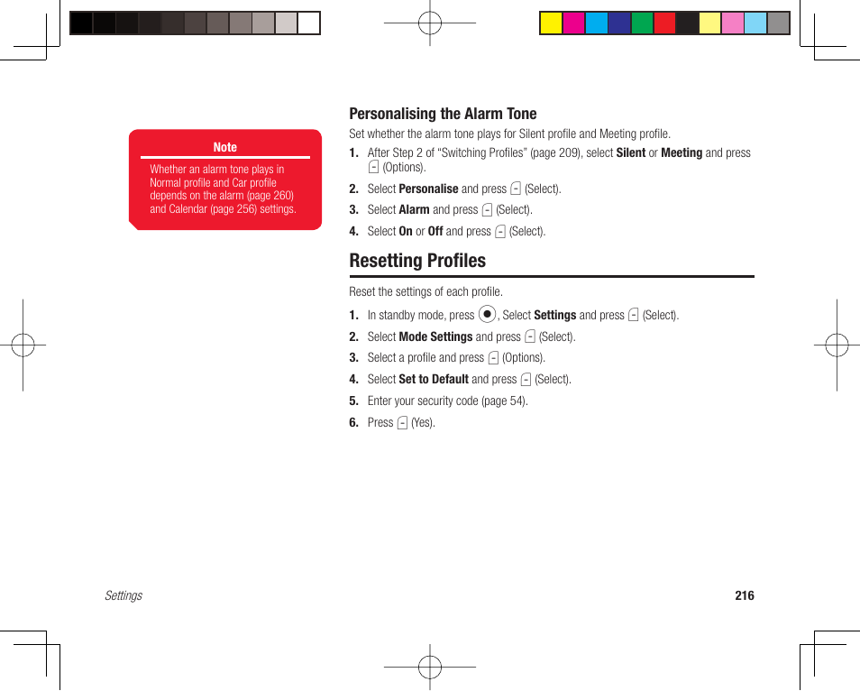 Resetting profi les, Personalising the alarm tone | Toshiba 705T User Manual | Page 216 / 315