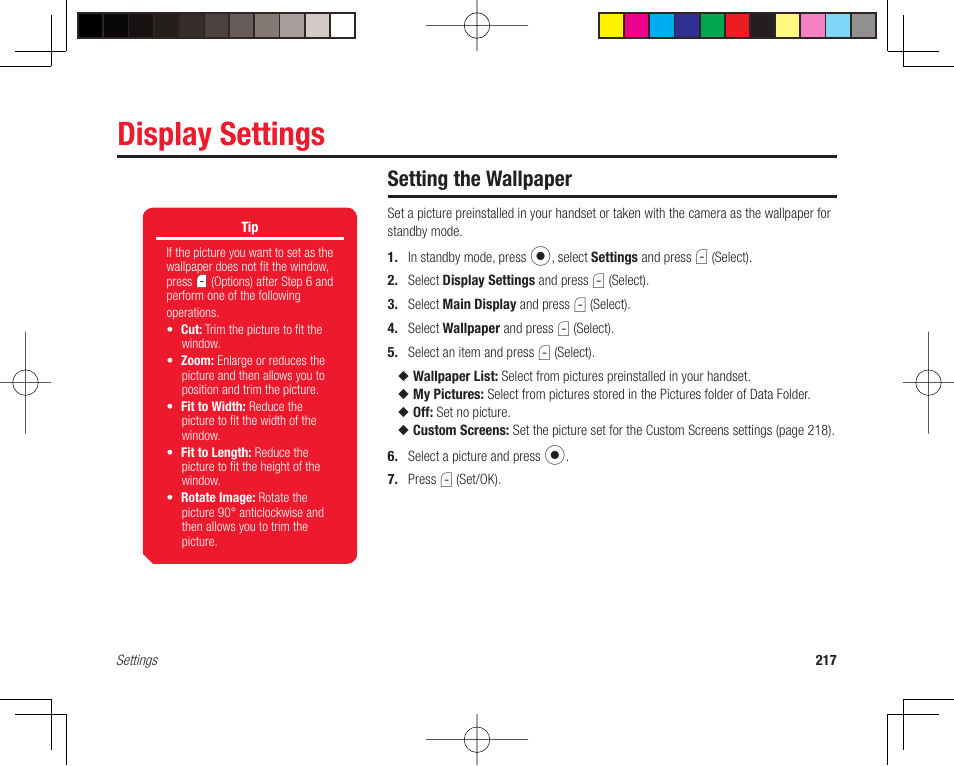 Display settings, Setting the wallpaper | Toshiba 705T User Manual | Page 217 / 315