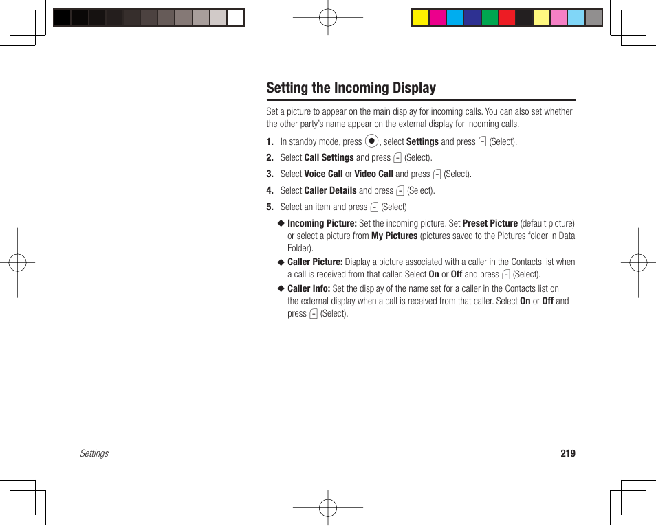 Setting the incoming display | Toshiba 705T User Manual | Page 219 / 315