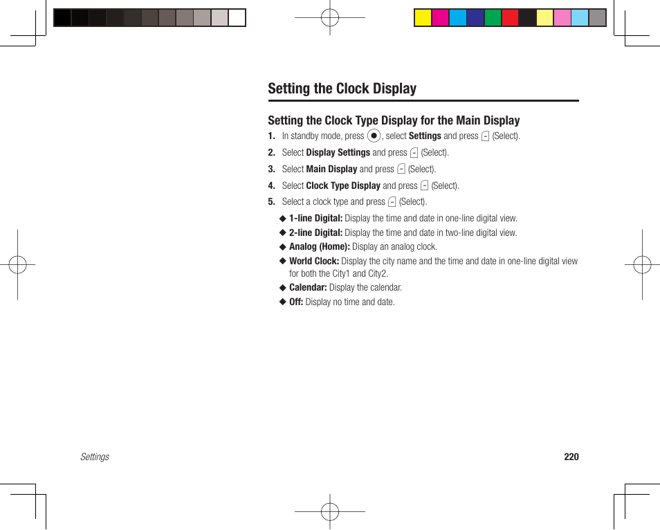 Setting the clock display | Toshiba 705T User Manual | Page 220 / 315