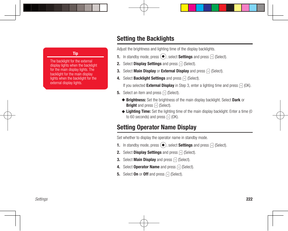 Setting the backlights, Setting operator name display | Toshiba 705T User Manual | Page 222 / 315