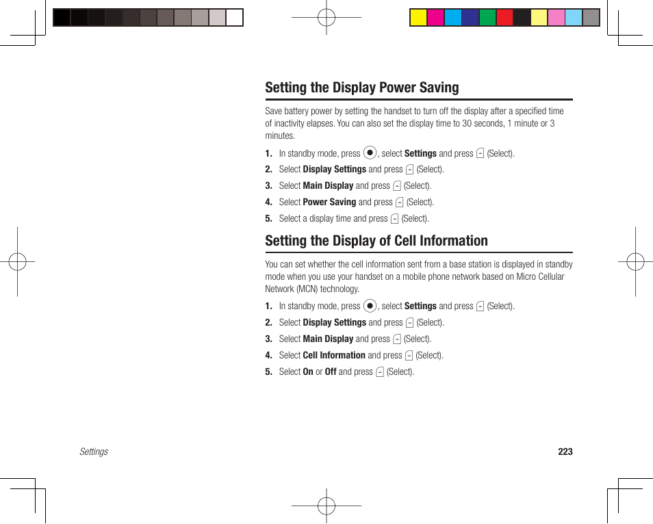 Setting the display power saving, Setting the display of cell information | Toshiba 705T User Manual | Page 223 / 315