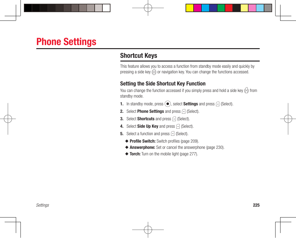Phone settings, Shortcut keys | Toshiba 705T User Manual | Page 225 / 315