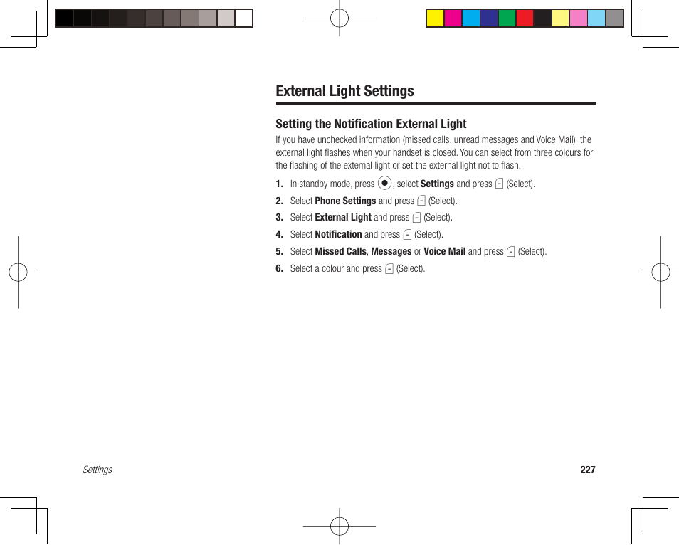 External light settings, Setting the notifi cation external light | Toshiba 705T User Manual | Page 227 / 315