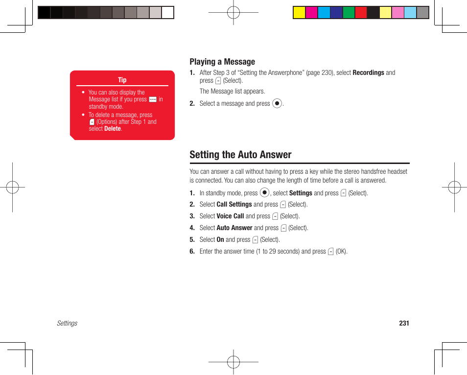 Setting the auto answer, Playing a message | Toshiba 705T User Manual | Page 231 / 315