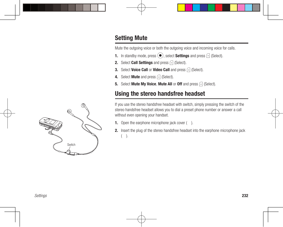 Setting mute, Using the stereo handsfree headset | Toshiba 705T User Manual | Page 232 / 315