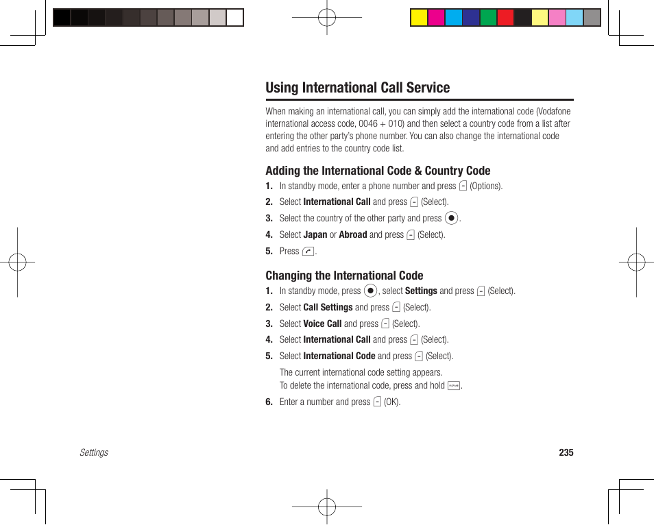 Using international call service, Adding the international code & country code, Changing the international code | Toshiba 705T User Manual | Page 235 / 315