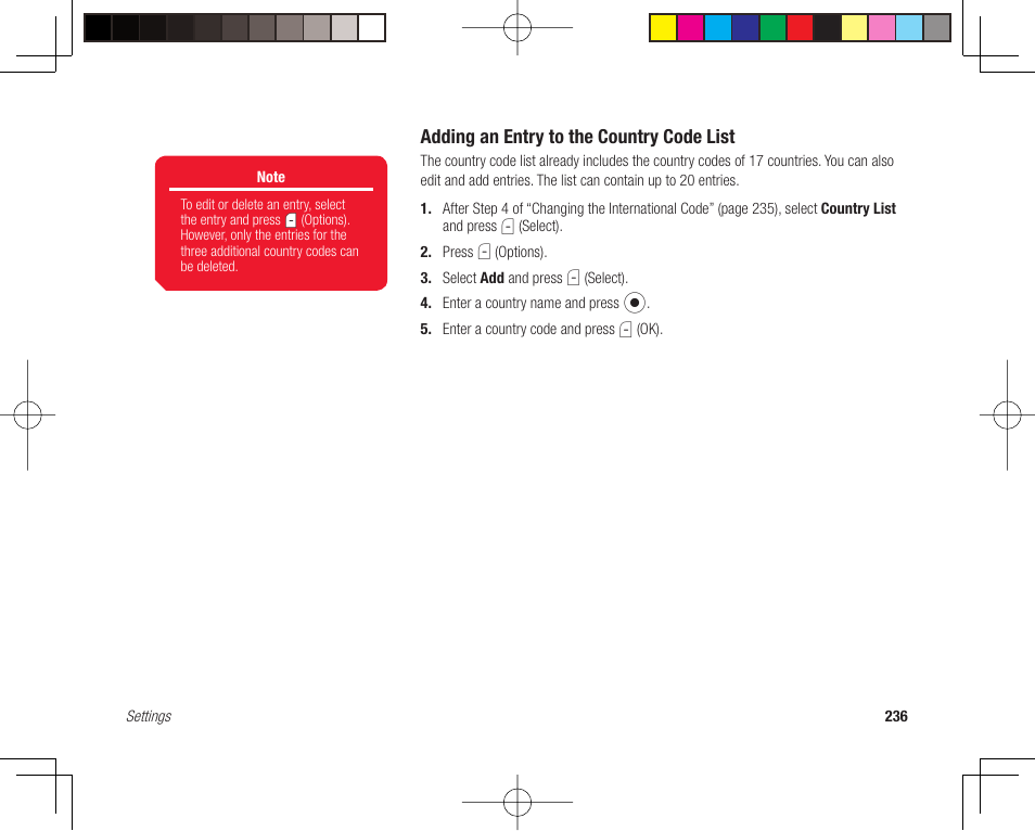Adding an entry to the country code list | Toshiba 705T User Manual | Page 236 / 315
