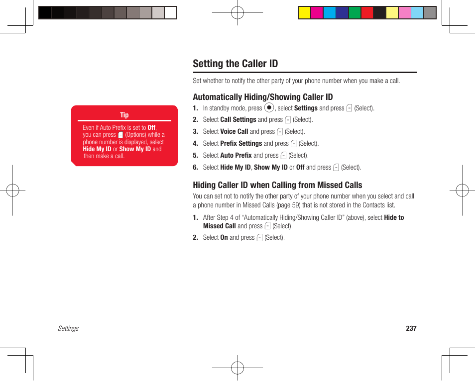 Setting the caller id, Automatically hiding/showing caller id, Hiding caller id when calling from missed calls | Toshiba 705T User Manual | Page 237 / 315