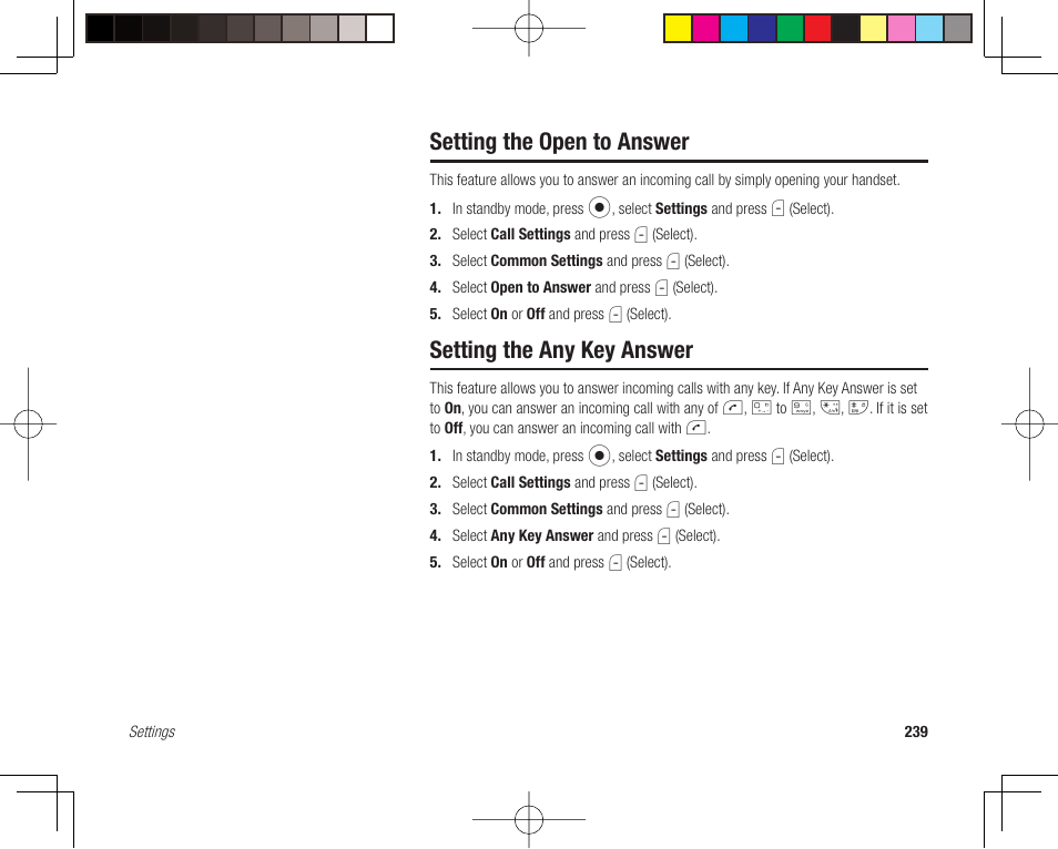 Setting the open to answer, Setting the any key answer | Toshiba 705T User Manual | Page 239 / 315