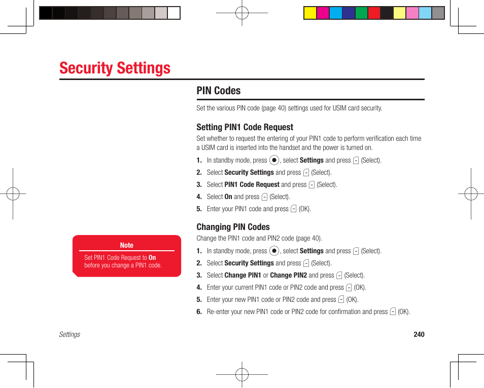 Security settings, Pin codes | Toshiba 705T User Manual | Page 240 / 315