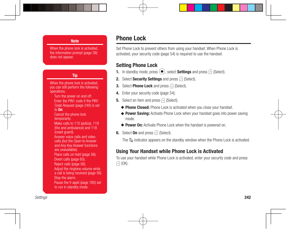 Phone lock, Setting phone lock, Using your handset while phone lock is activated | Toshiba 705T User Manual | Page 242 / 315