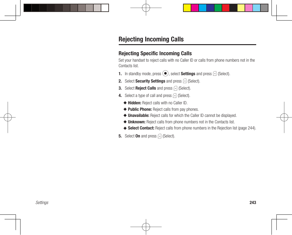 Rejecting incoming calls | Toshiba 705T User Manual | Page 243 / 315