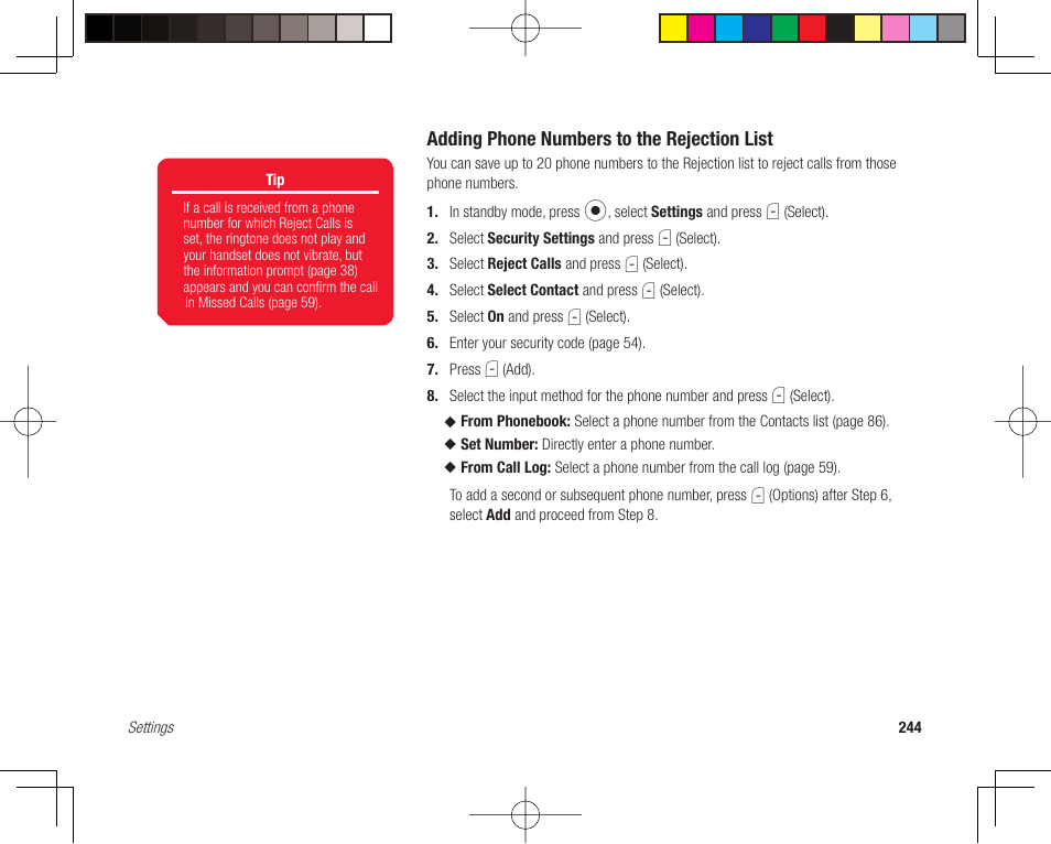 Adding phone numbers to the rejection list | Toshiba 705T User Manual | Page 244 / 315