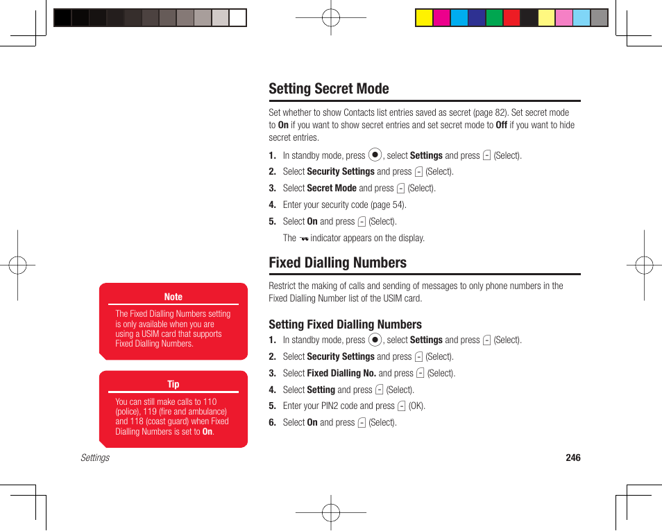 Setting secret mode, Fixed dialling numbers, Setting fixed dialling numbers | Toshiba 705T User Manual | Page 246 / 315