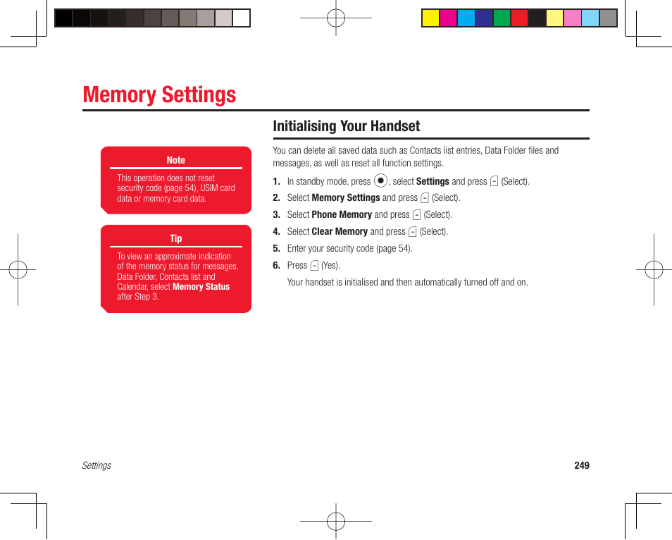 Memory settings, Initialising your handset | Toshiba 705T User Manual | Page 249 / 315