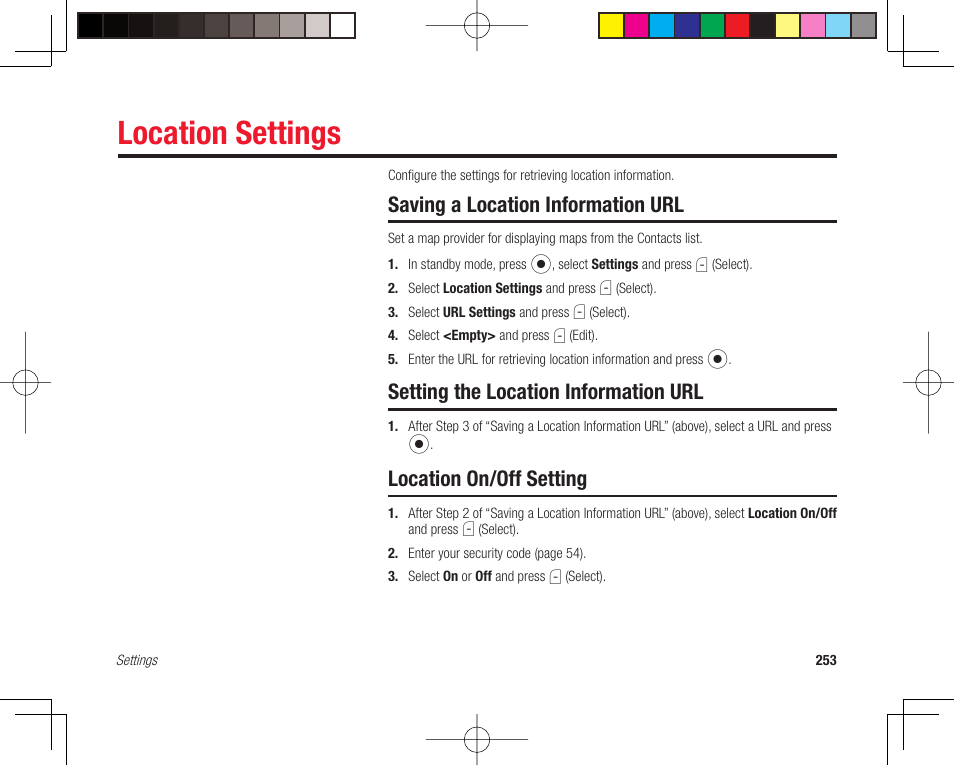 Location settings, Saving a location information url, Setting the location information url | Location on/off setting | Toshiba 705T User Manual | Page 253 / 315
