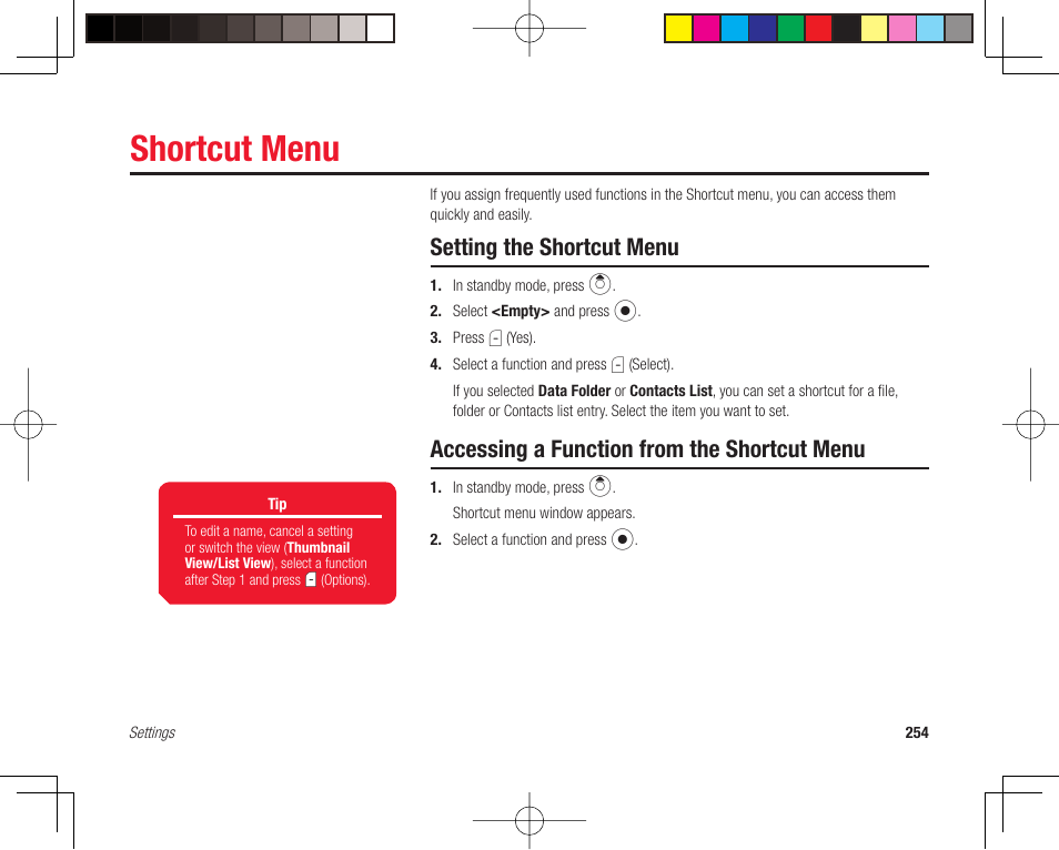 Shortcut menu, Setting the shortcut menu, Accessing a function from the shortcut menu | Toshiba 705T User Manual | Page 254 / 315