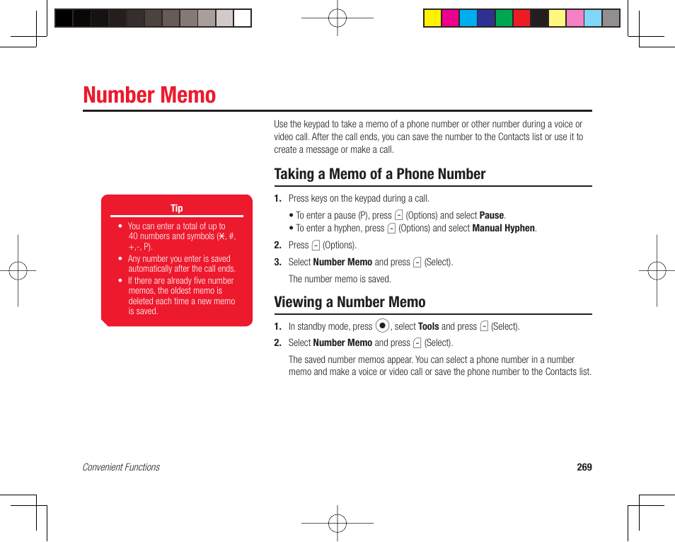 Number memo | Toshiba 705T User Manual | Page 269 / 315