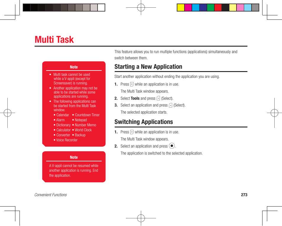 Multi task, Starting a new application, Switching applications | Toshiba 705T User Manual | Page 273 / 315