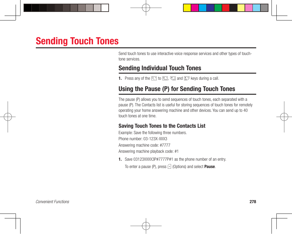 Sending touch tones, Sending individual touch tones, Using the pause (p) for sending touch tones | Toshiba 705T User Manual | Page 278 / 315
