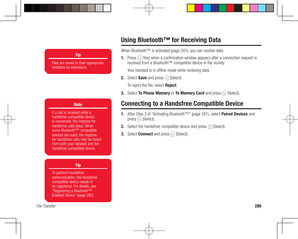 Using bluetooth™ for receiving data, Connecting to a handsfree compatible device | Toshiba 705T User Manual | Page 286 / 315