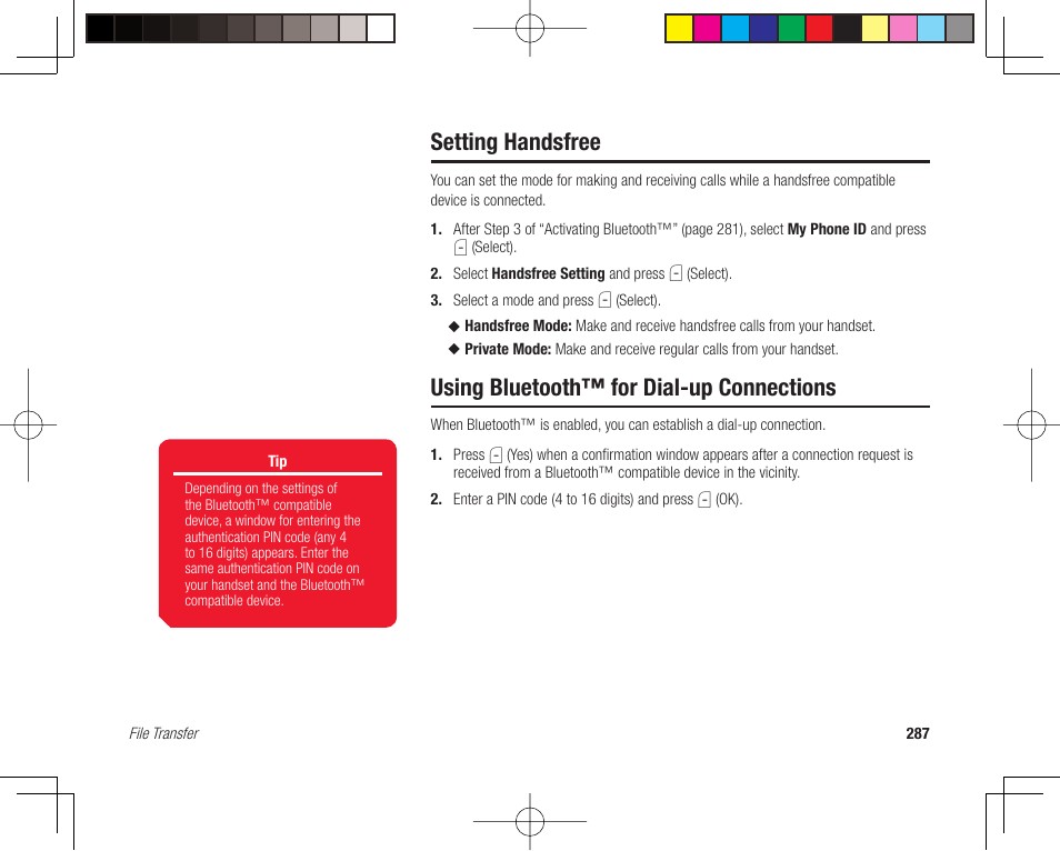 Setting handsfree, Using bluetooth™ for dial-up connections | Toshiba 705T User Manual | Page 287 / 315