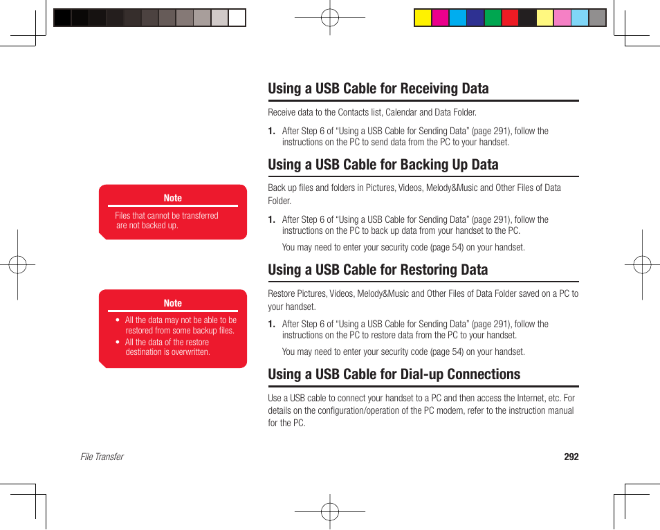 Using a usb cable for receiving data, Using a usb cable for backing up data, Using a usb cable for restoring data | Using a usb cable for dial-up connections | Toshiba 705T User Manual | Page 292 / 315