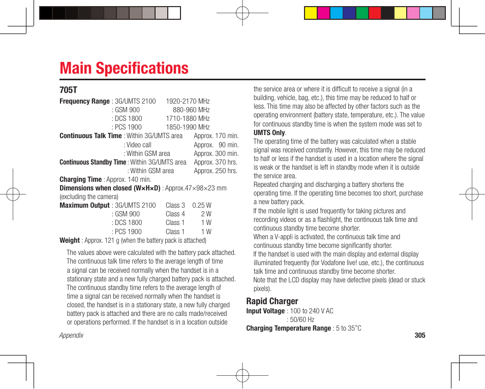 Main specifications, Main specifi cations, Rapid charger | 705t | Toshiba 705T User Manual | Page 305 / 315