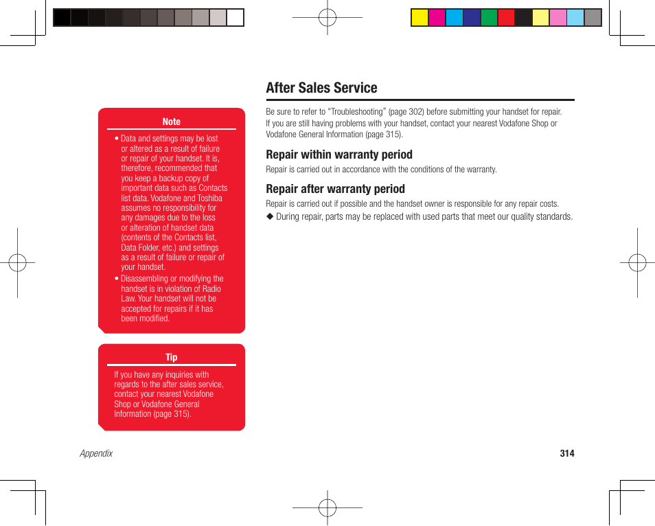 After sales service, Repair within warranty period, Repair after warranty period | Toshiba 705T User Manual | Page 314 / 315