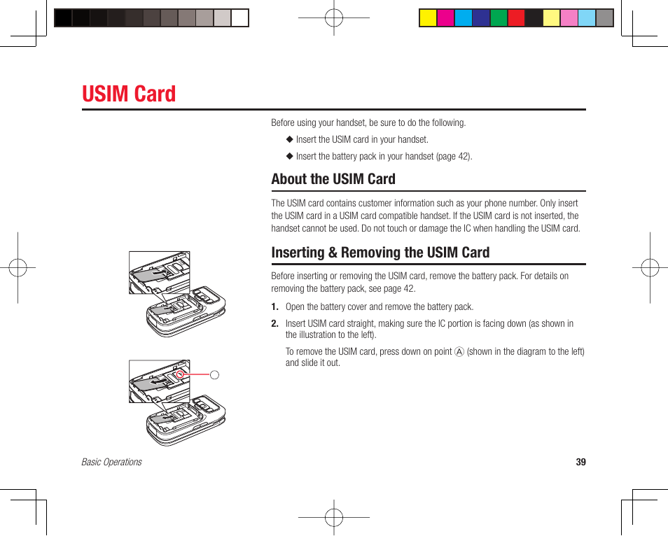 Usim card, About the usim card, Inserting & removing the usim card | Toshiba 705T User Manual | Page 39 / 315