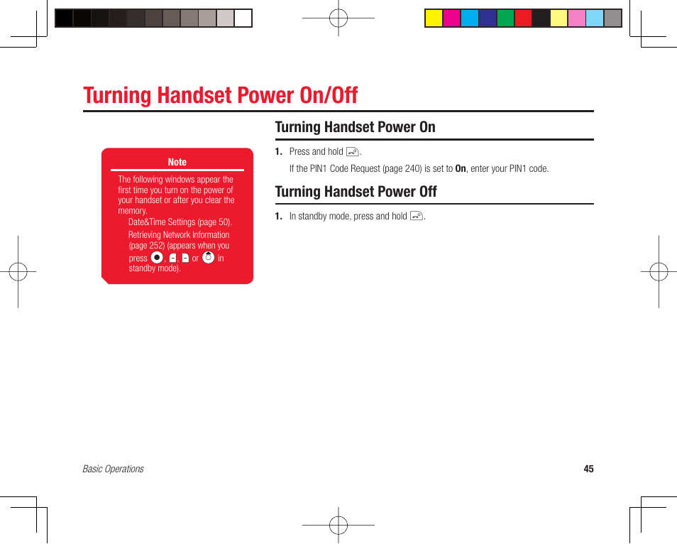 Turning handset power on/off, Turning handset power on, Turning handset power off | Toshiba 705T User Manual | Page 45 / 315