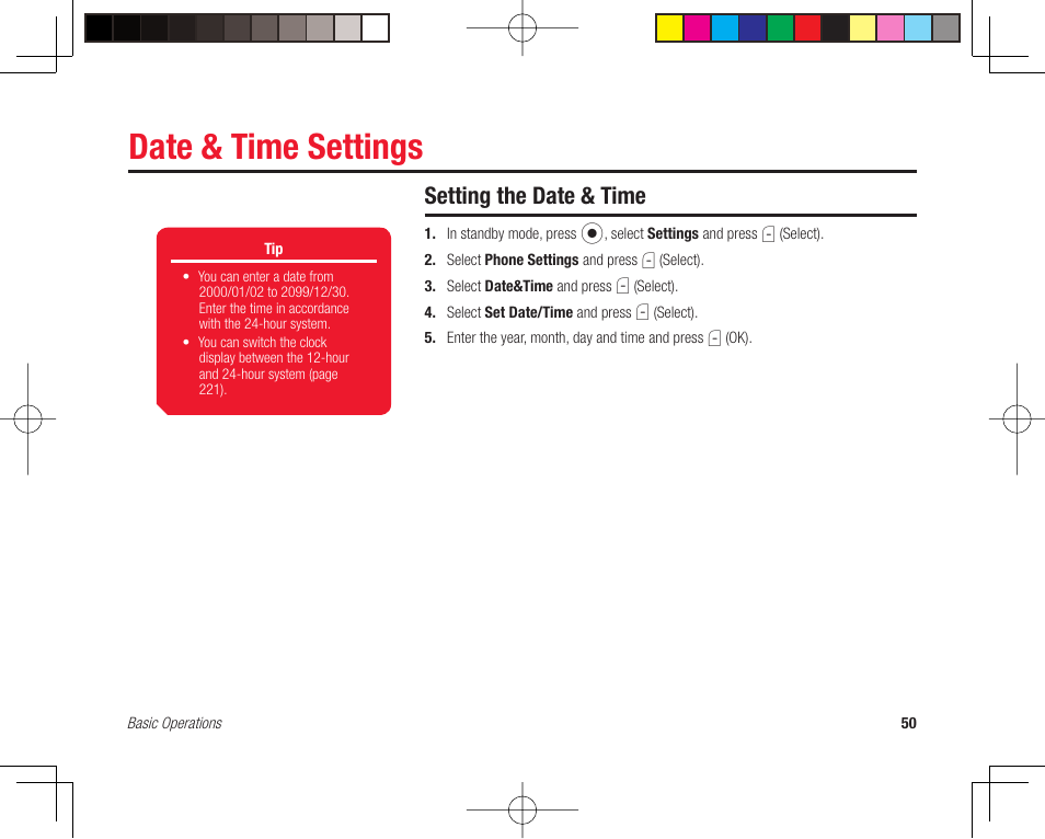 Date & time settings, Setting the date & time | Toshiba 705T User Manual | Page 50 / 315