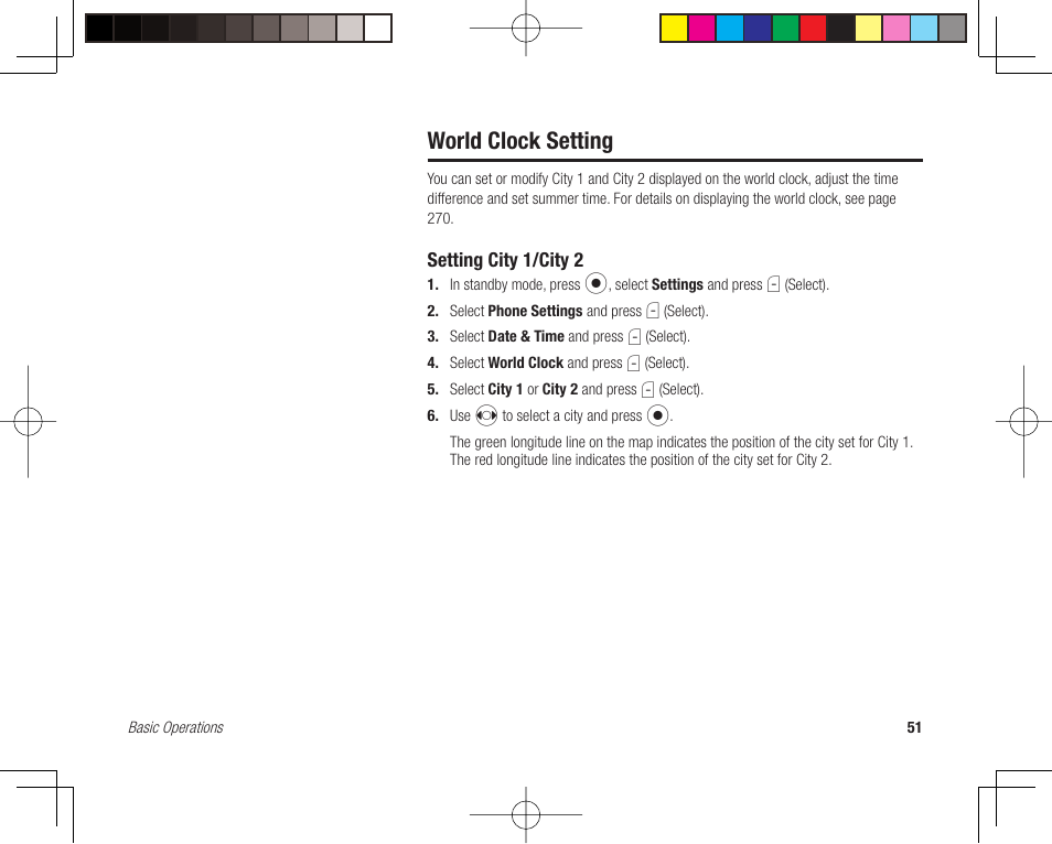 World clock setting, Setting city 1/city 2 | Toshiba 705T User Manual | Page 51 / 315