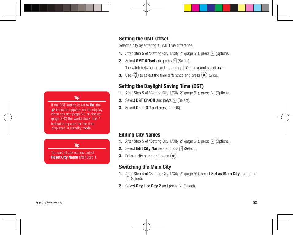 Setting the gmt offset, Setting the daylight saving time (dst), Editing city names | Switching the main city | Toshiba 705T User Manual | Page 52 / 315