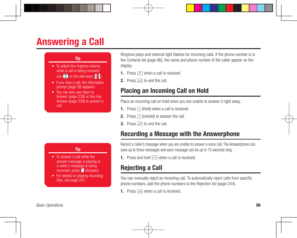 Answering a call, Placing an incoming call on hold, Recording a message with the answerphone | Rejecting a call | Toshiba 705T User Manual | Page 56 / 315